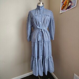 Vintage 70s Prairie Dress Maxi Blue Gingham Tiered Pockets Belted Cottagecore L